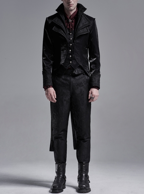 Multilayer Collar Front Metal Button Slit Hem Black Gothic Three-Dimensional Jacquard Coat