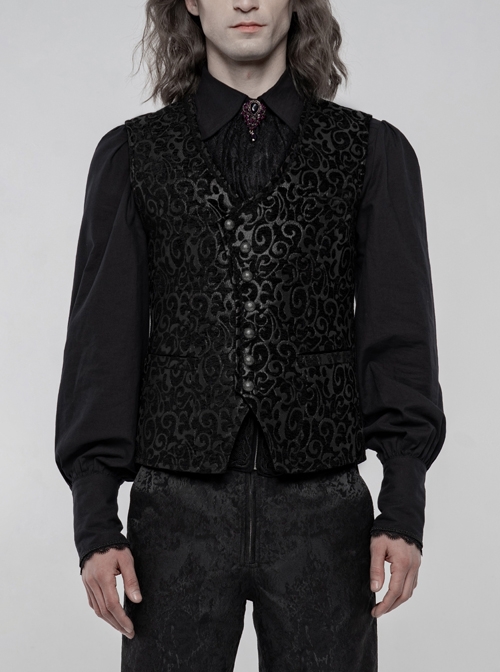 Front Metal Retro Button Back Waist Metal Hasp Black Gothic Jacquard Vest