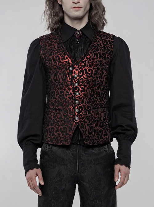 Front Metal Retro Button Back Waist Metal Hasp Black And Red Gothic Jacquard Vest