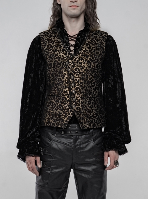 Front Metal Retro Button Back Waist Metal Hasp Black And Gold Gothic Jacquard Vest
