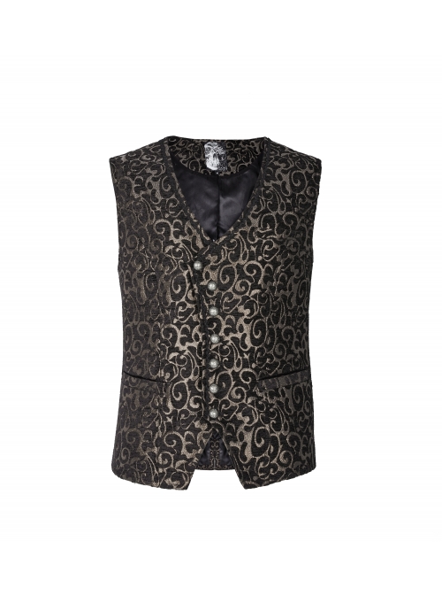 Front Metal Retro Button Back Waist Metal Hasp Black And Gold Gothic Jacquard Vest
