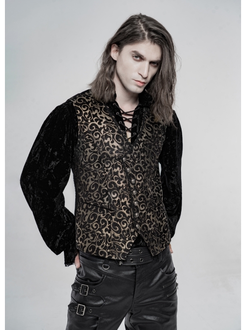 Front Metal Retro Button Back Waist Metal Hasp Black And Gold Gothic Jacquard Vest