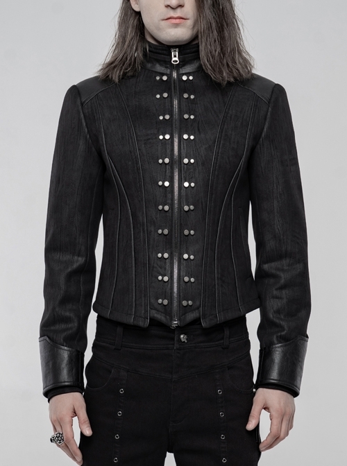 High Collar Front Metal Rivet Long Sleeve Black Punk Short Coat