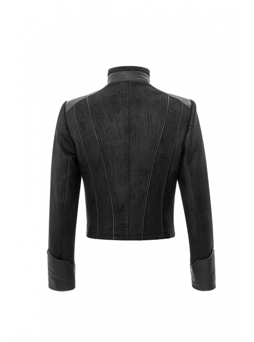 High Collar Front Metal Rivet Long Sleeve Black Punk Short Coat