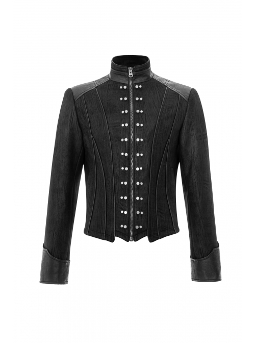 High Collar Front Metal Rivet Long Sleeve Black Punk Short Coat