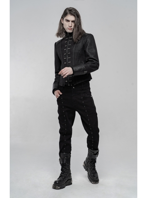 High Collar Front Metal Rivet Long Sleeve Black Punk Short Coat