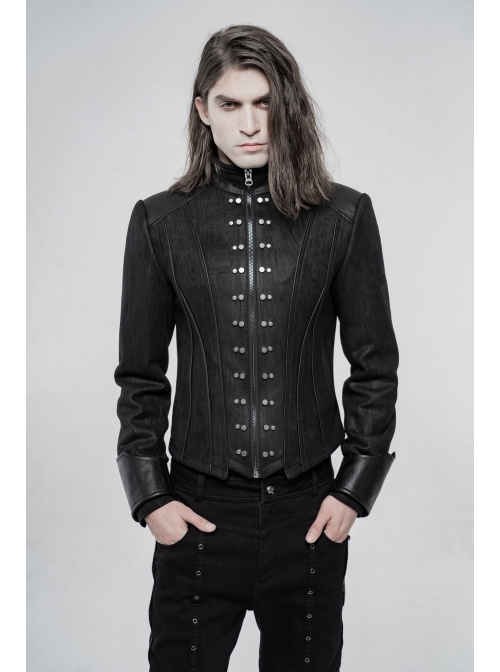 High Collar Front Metal Rivet Long Sleeve Black Punk Short Coat