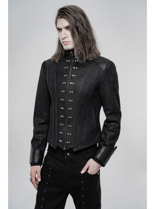High Collar Front Metal Rivet Long Sleeve Black Punk Short Coat