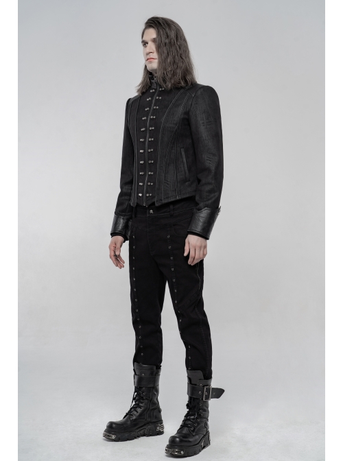High Collar Front Metal Rivet Long Sleeve Black Punk Short Coat