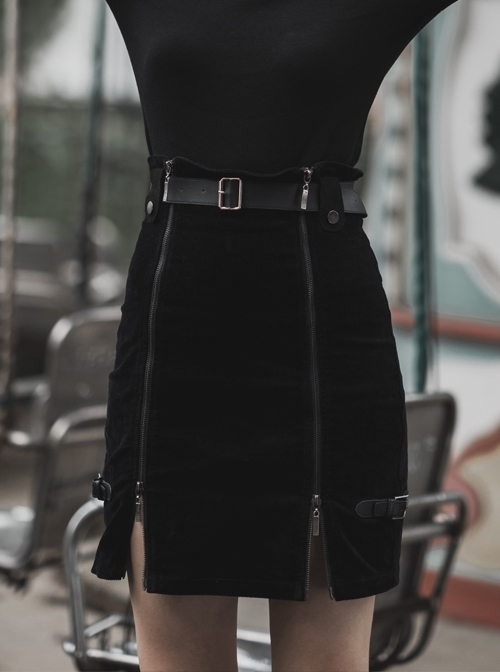 Steam Punk Female Metal Zipper PU Leather Belt Skirt