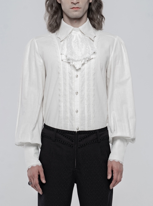 Bow Tie Front Pearls Button Lantern Sleeve White Gothic Cotton Woven Shirt