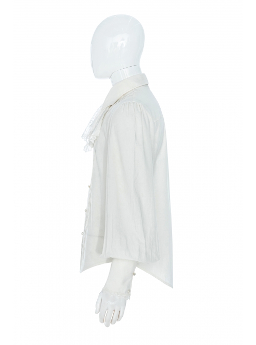 Bow Tie Front Pearls Button Lantern Sleeve White Gothic Cotton Woven Shirt