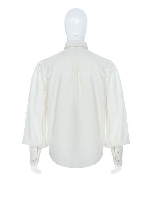 Bow Tie Front Pearls Button Lantern Sleeve White Gothic Cotton Woven Shirt