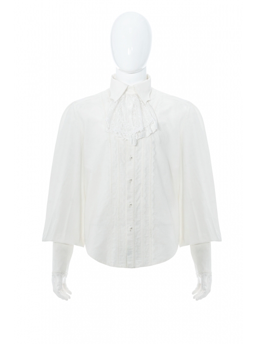 Bow Tie Front Pearls Button Lantern Sleeve White Gothic Cotton Woven Shirt