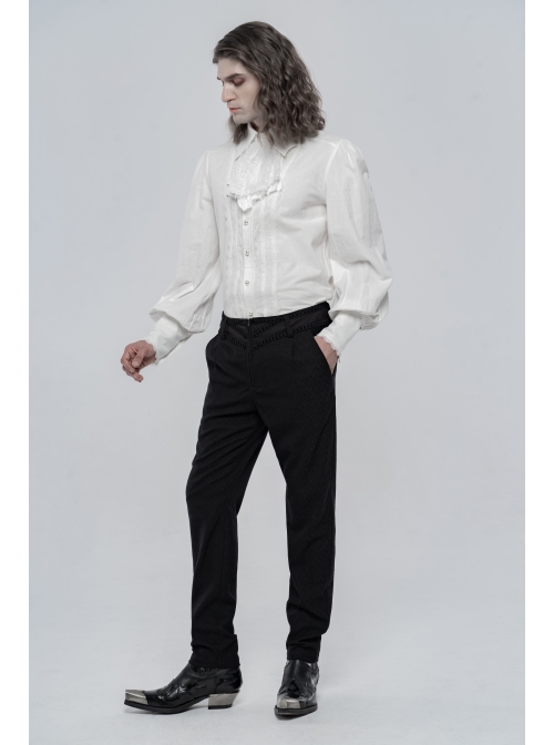 Bow Tie Front Pearls Button Lantern Sleeve White Gothic Cotton Woven Shirt