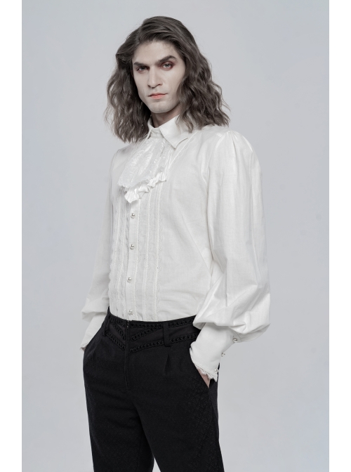 Bow Tie Front Pearls Button Lantern Sleeve White Gothic Cotton Woven Shirt