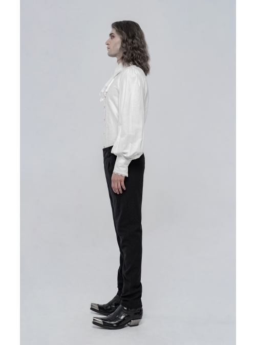 Bow Tie Front Pearls Button Lantern Sleeve White Gothic Cotton Woven Shirt