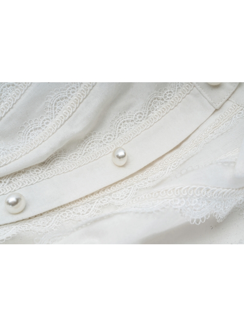 Bow Tie Front Pearls Button Lantern Sleeve White Gothic Cotton Woven Shirt