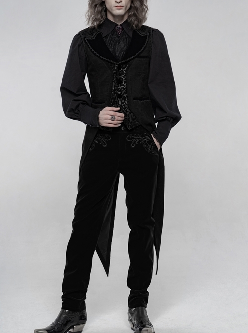 Front Button Splice Jacquard Swallowtail Hem Black Gothic Striped Velvet Mid-Length Vest