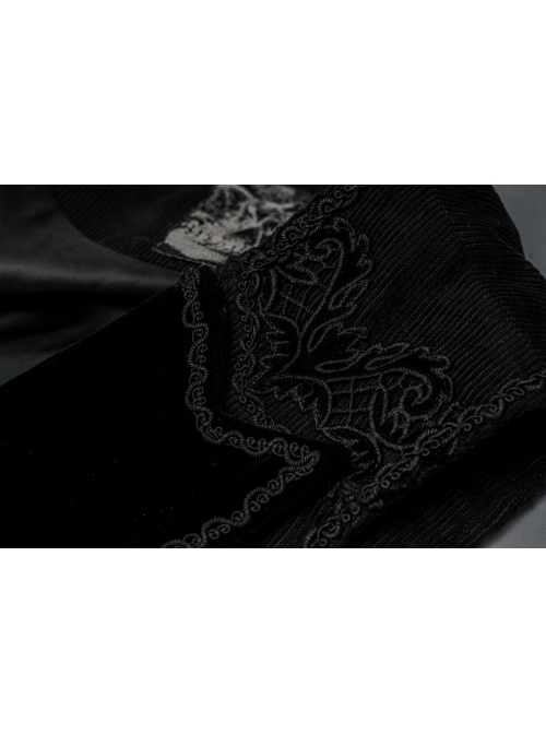 Front Button Splice Jacquard Swallowtail Hem Black Gothic Striped Velvet Mid-Length Vest