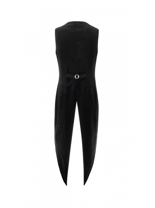 Front Button Splice Jacquard Swallowtail Hem Black Gothic Striped Velvet Mid-Length Vest
