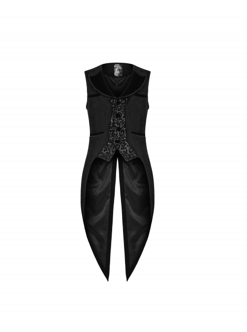Front Button Splice Jacquard Swallowtail Hem Black Gothic Striped Velvet Mid-Length Vest