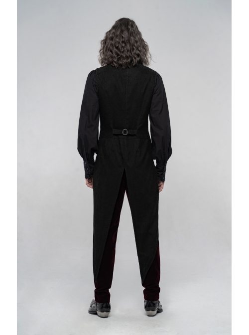 Front Button Splice Jacquard Swallowtail Hem Black Gothic Striped Velvet Mid-Length Vest