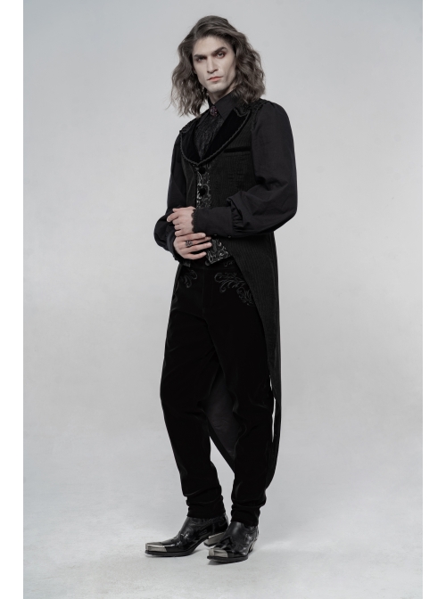 Front Button Splice Jacquard Swallowtail Hem Black Gothic Striped Velvet Mid-Length Vest