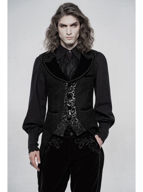 Front Button Splice Jacquard Swallowtail Hem Black Gothic Striped Velvet Mid-Length Vest