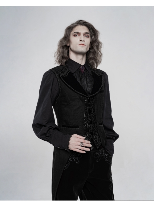 Front Button Splice Jacquard Swallowtail Hem Black Gothic Striped Velvet Mid-Length Vest