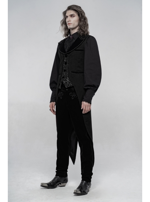 Front Button Splice Jacquard Swallowtail Hem Black Gothic Striped Velvet Mid-Length Vest