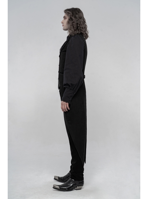 Front Button Splice Jacquard Swallowtail Hem Black Gothic Striped Velvet Mid-Length Vest