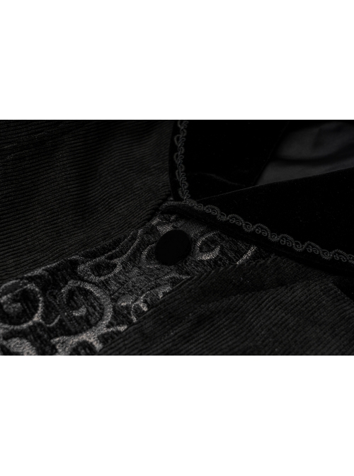 Front Button Splice Jacquard Swallowtail Hem Black Gothic Striped Velvet Mid-Length Vest