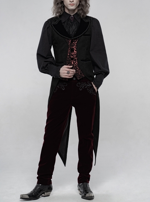Front Button Splice Red Jacquard Swallowtail Hem Black Gothic Striped Velvet Mid-Length Vest