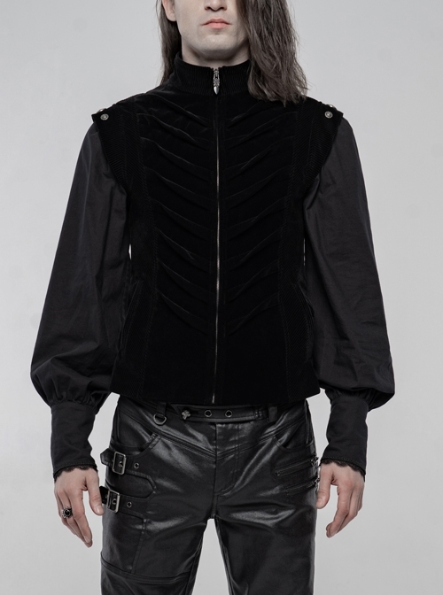 High Collar Front Zipper Back Waist Metal Hasp Black Gothic Weft Velvet Vest