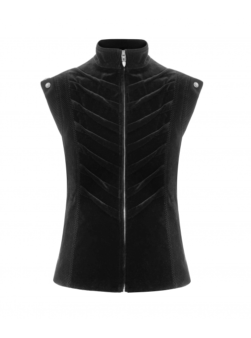 High Collar Front Zipper Back Waist Metal Hasp Black Gothic Weft Velvet Vest