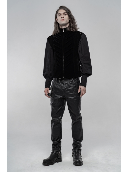 High Collar Front Zipper Back Waist Metal Hasp Black Gothic Weft Velvet Vest