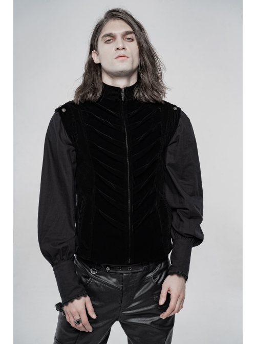 High Collar Front Zipper Back Waist Metal Hasp Black Gothic Weft Velvet Vest
