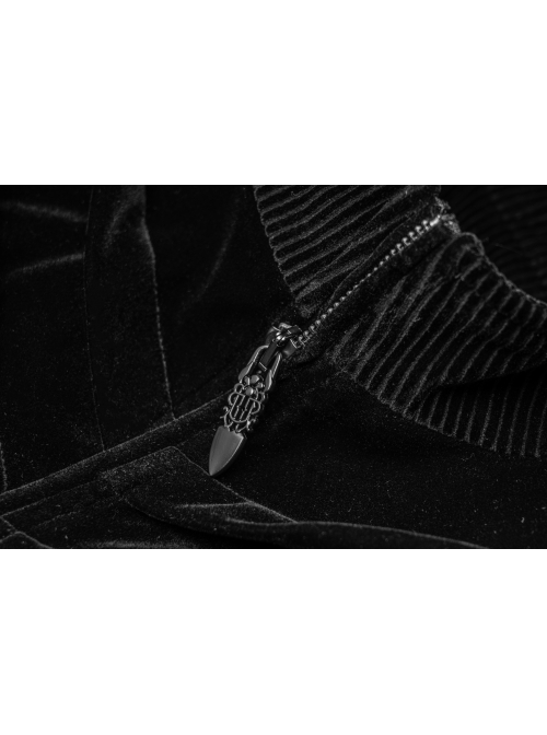 High Collar Front Zipper Back Waist Metal Hasp Black Gothic Weft Velvet Vest