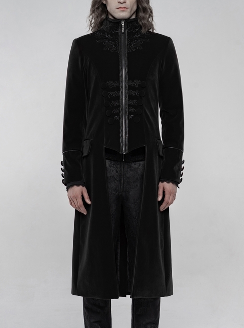 High Collar Front Chest Embroidery Long Sleeve Button Cuff Black Gothic Jacquard Coat