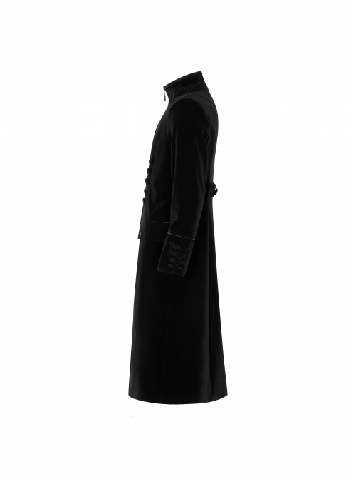 High Collar Front Chest Embroidery Long Sleeve Button Cuff Black Gothic Jacquard Coat