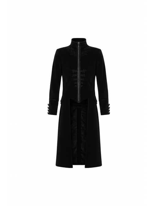 High Collar Front Chest Embroidery Long Sleeve Button Cuff Black Gothic Jacquard Coat