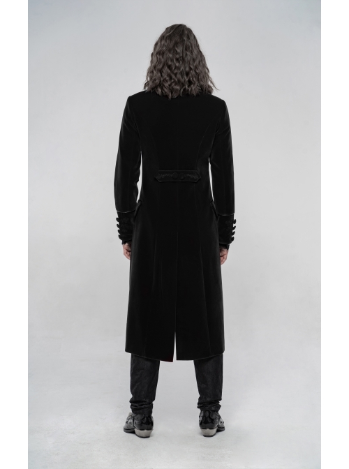 High Collar Front Chest Embroidery Long Sleeve Button Cuff Black Gothic Jacquard Coat