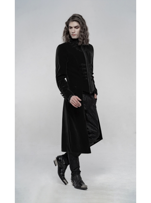 High Collar Front Chest Embroidery Long Sleeve Button Cuff Black Gothic Jacquard Coat