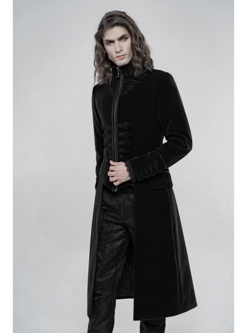 High Collar Front Chest Embroidery Long Sleeve Button Cuff Black Gothic Jacquard Coat