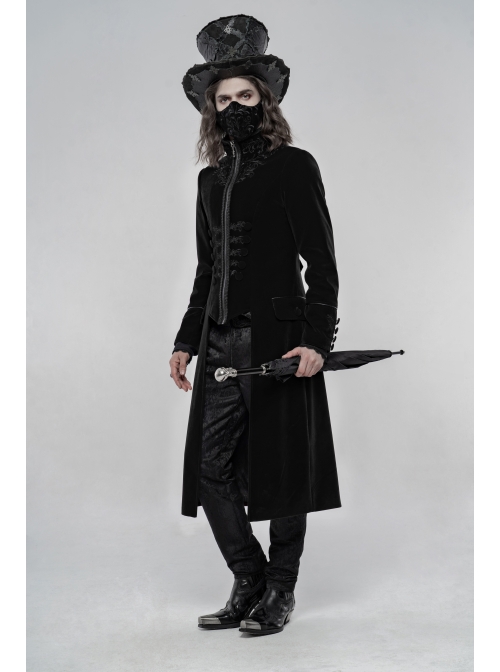 High Collar Front Chest Embroidery Long Sleeve Button Cuff Black Gothic Jacquard Coat