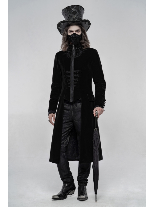 High Collar Front Chest Embroidery Long Sleeve Button Cuff Black Gothic Jacquard Coat