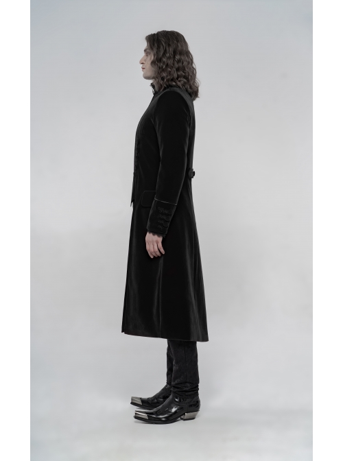 High Collar Front Chest Embroidery Long Sleeve Button Cuff Black Gothic Jacquard Coat
