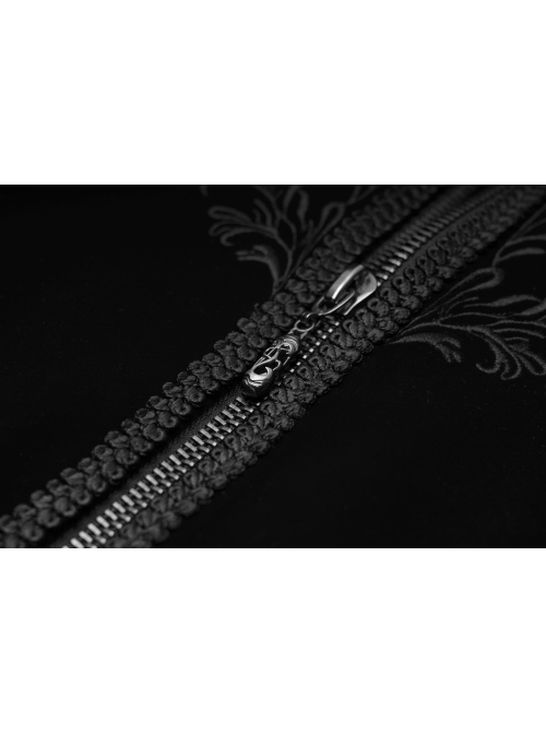 High Collar Front Chest Embroidery Long Sleeve Button Cuff Black Gothic Jacquard Coat