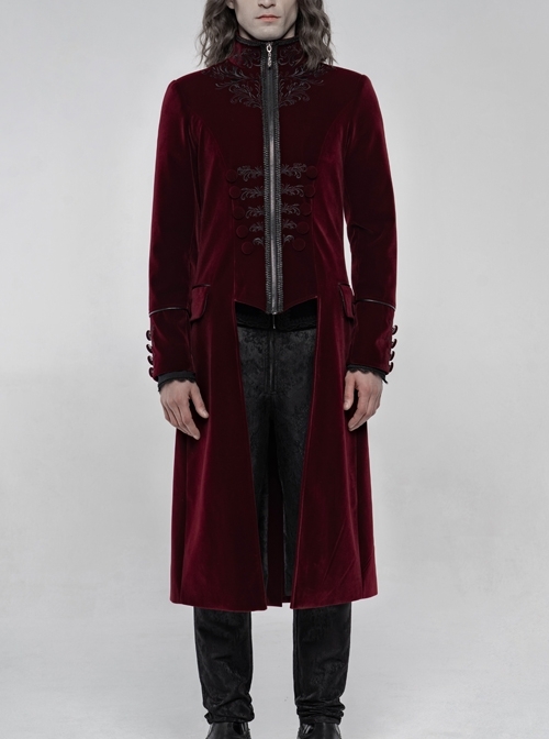 High Collar Front Chest Embroidery Long Sleeve Button Cuff Wine Red Gothic Jacquard Coat